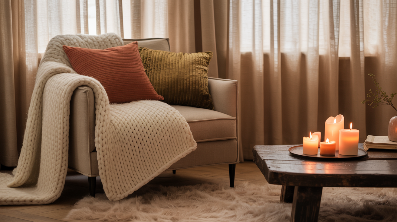 Cozy home interior with candles and decorative accents