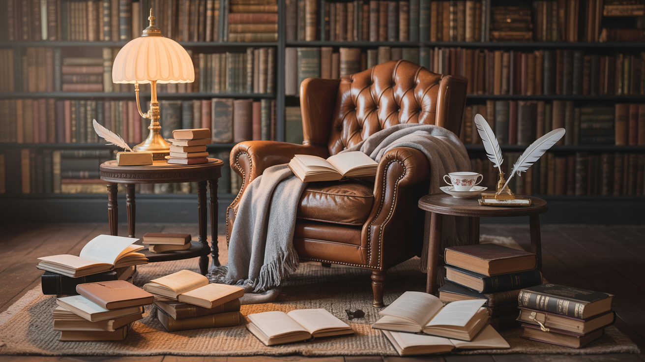 Books and reading accessories in a cozy reading nook