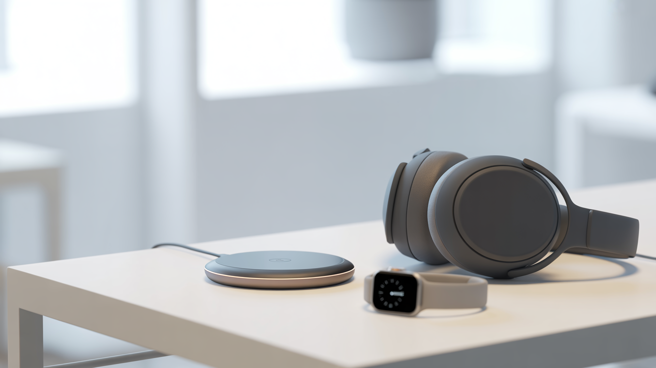Modern tech gadgets and accessories on a minimalist desk